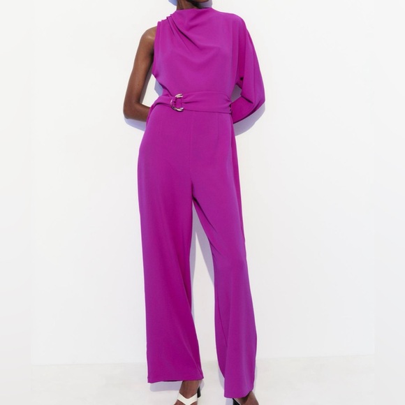 ZARA Women’s Asymmetric Jumpsuit Romper Wide Leg Off  Shoulder Belt Cut Out XS - Picture 1 of 8